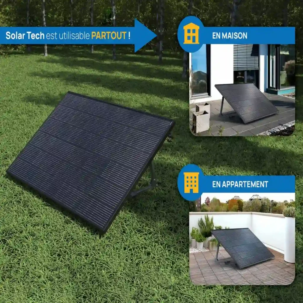 Panel solar Solar Tech 400W plug and play instalado en terraza o balcón amplio.