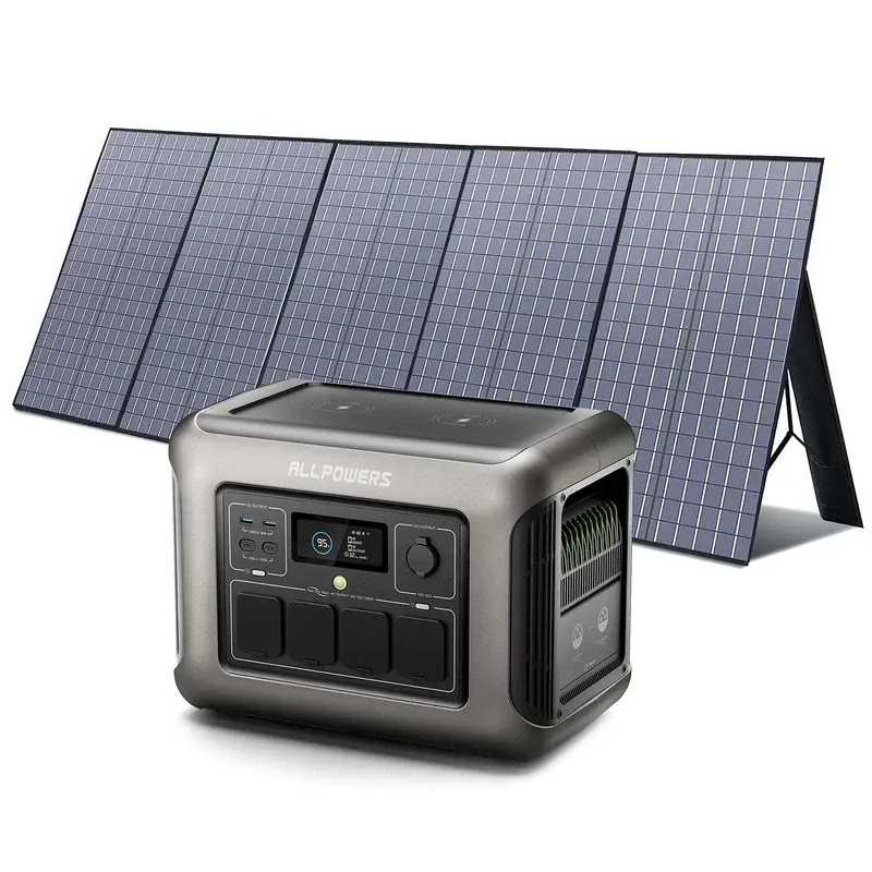 Generador solar portátil ALLPOWERS R1500 con panel solar plegable de 400W como apoyo solar equilibrado en autocaravana.