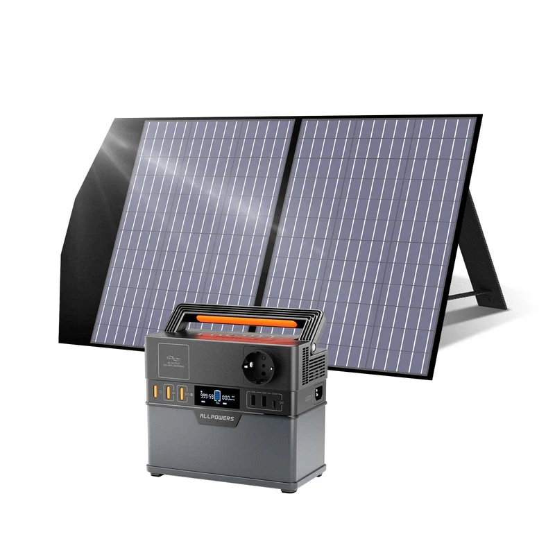 Generador solar portátil ALLPOWERS S300 con panel solar plegable de 100W para camper, iluminación y carga de dispositivos