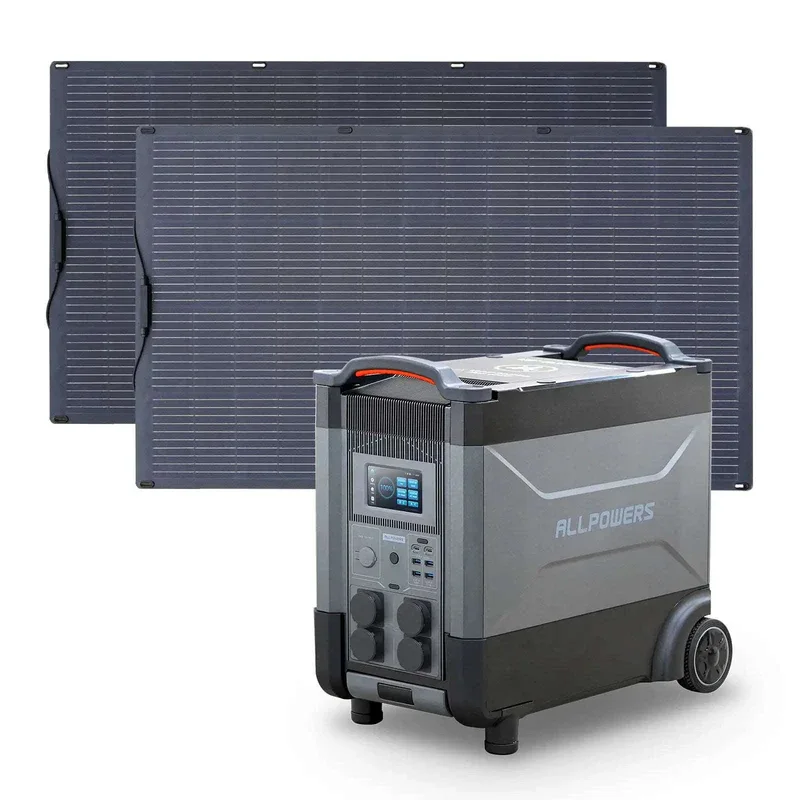 Generador solar portátil ALLPOWERS R4000 con dos paneles solares flexibles de 200W instalado como apoyo energético en autocaravana.