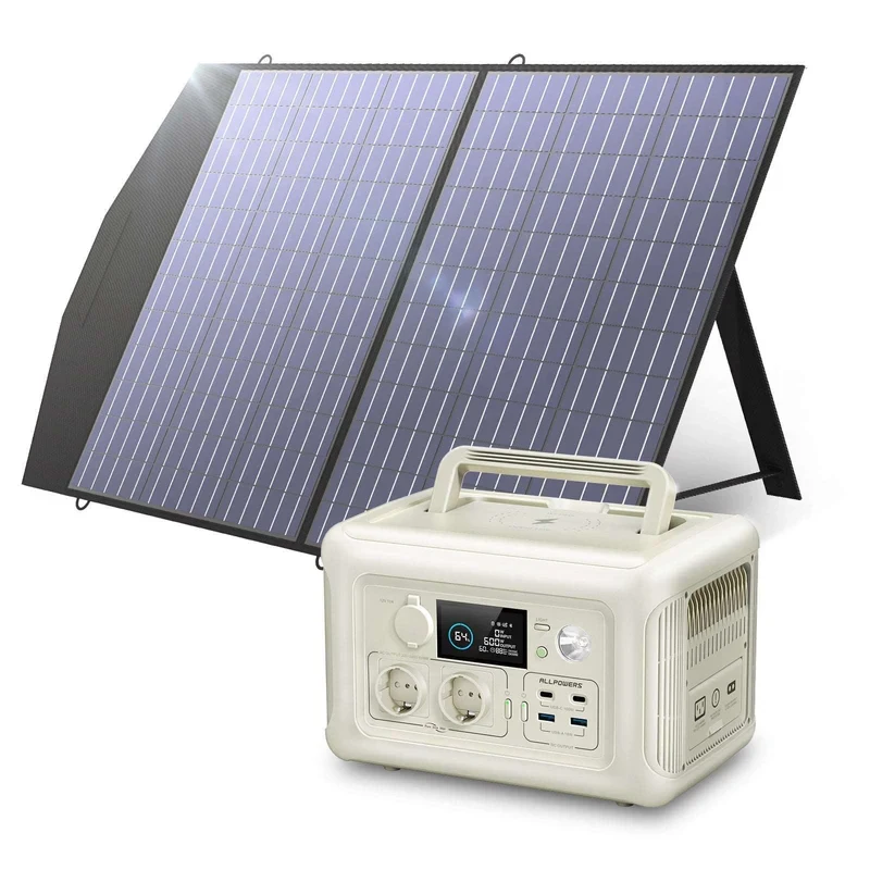 Estación de energía portátil ALLPOWERS R600 con panel solar plegable de 100W para camper, viajes y autonomía eléctrica