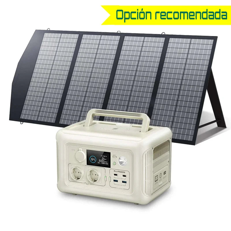 Estación solar portátil ALLPOWERS R600 con panel solar plegable de 140W ideal para camper, autocaravana y energía fuera de red