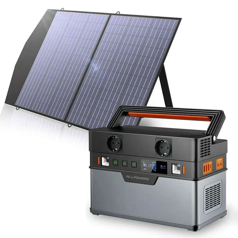 Generador solar portátil ALLPOWERS R700 con panel solar de 100W para alimentar pequeños electrodomésticos en camper o exteriores