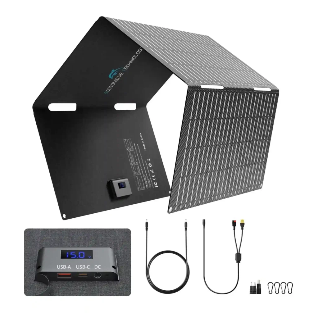 Panel solar plegable Ecosonique 60W con pantalla digital y conexiones USB para cargar móviles y baterías externas.